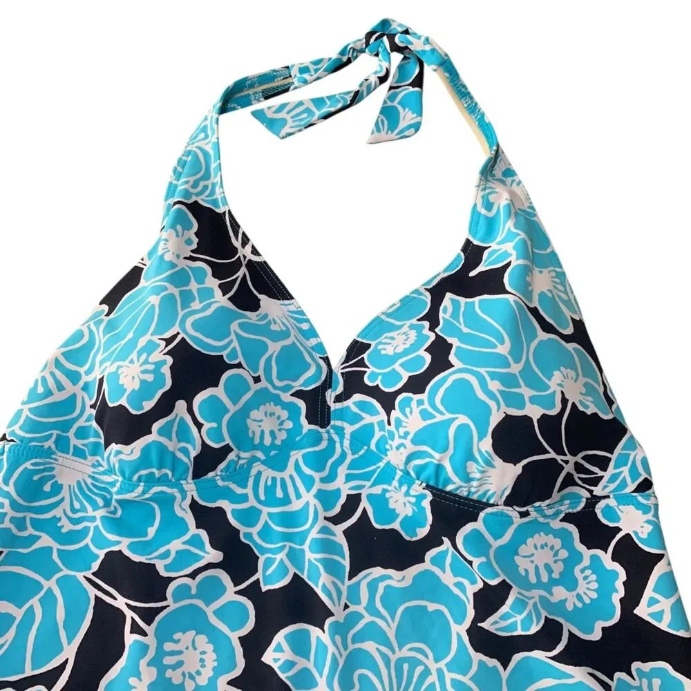 Lands End Womens Blue and Black Floral Halter Style Tankini Top 16 Beach Cruise